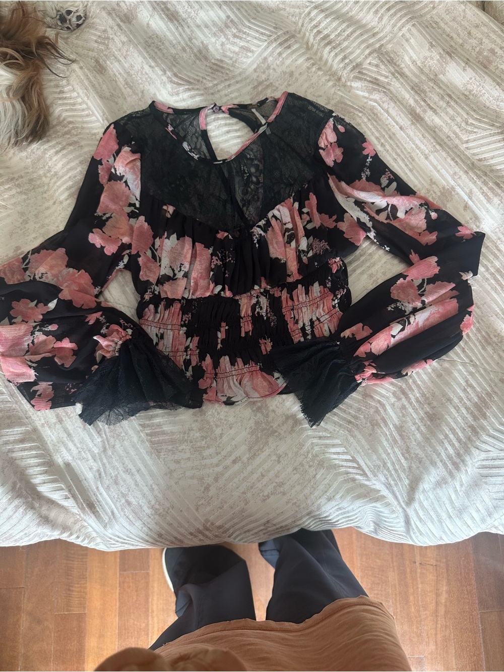 Free People Black Blouse with Pink Floral Lace Yoke and Smocked Waist